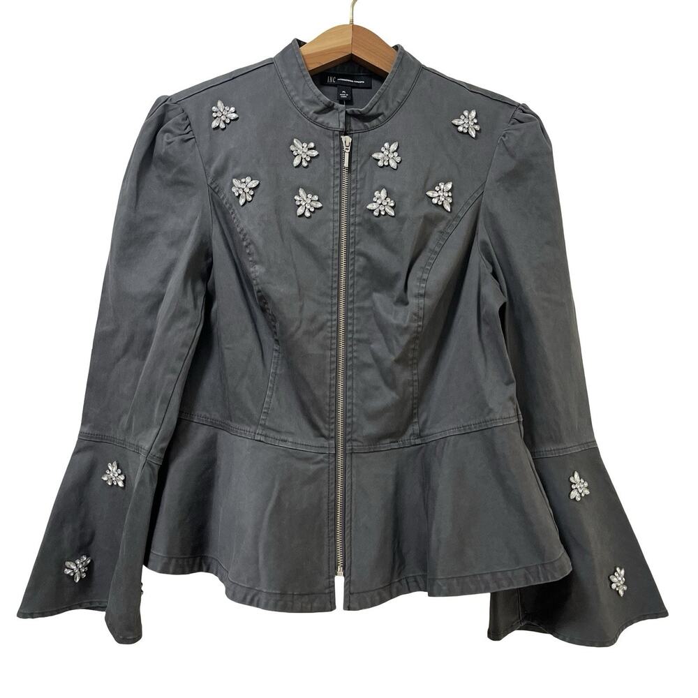 INC Womens Embellished Flare Sleeve Fitted Peplum Jacket Size LP Charcoal NWT